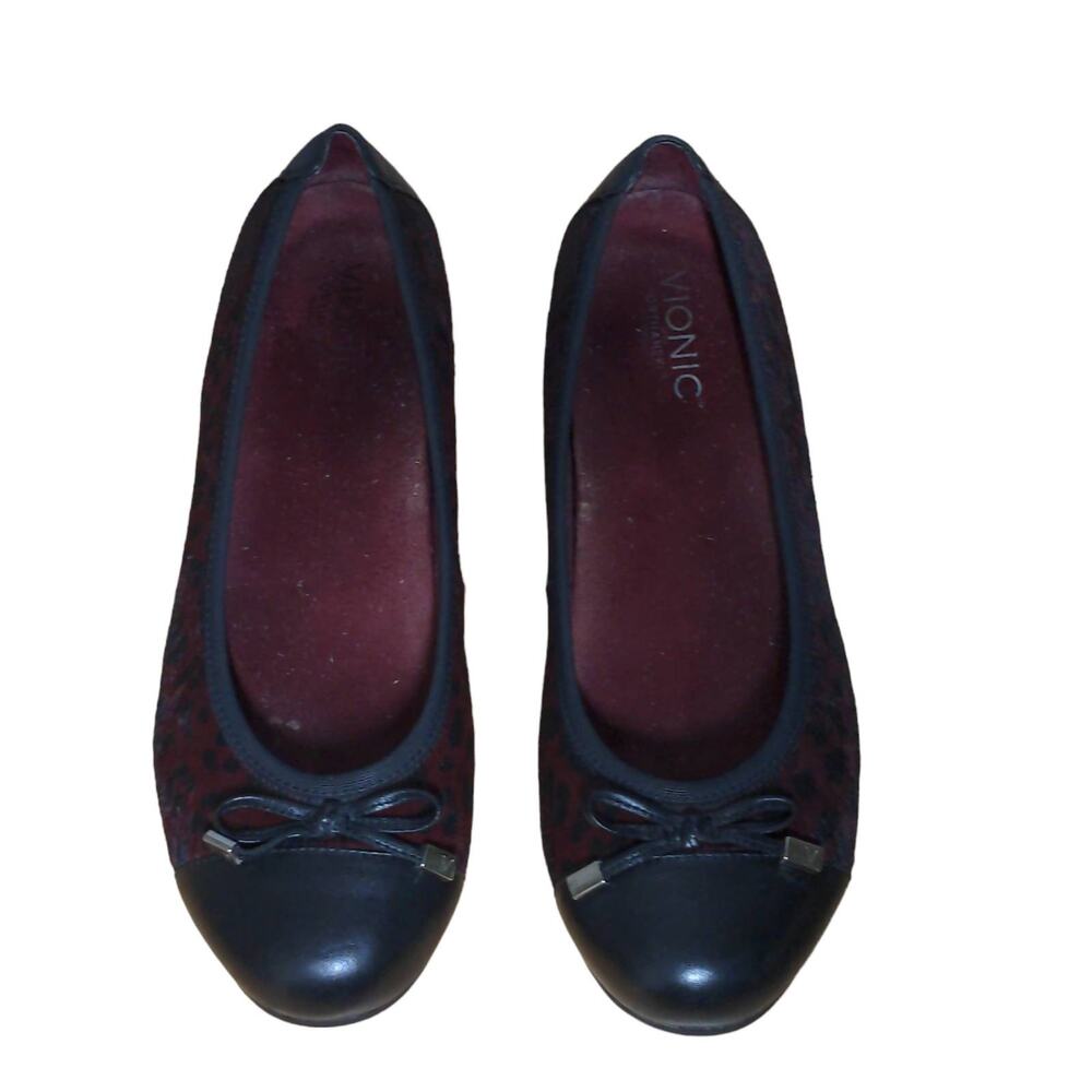 Vionic Womens Minna Ballet Flats Red Black Cheetah Print Calf Hair Leather Bow 9